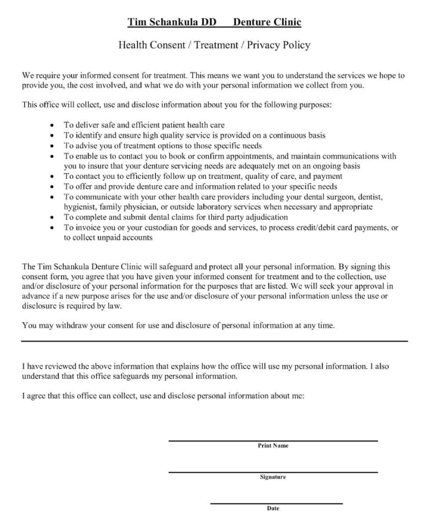 Image of a PDF document containing the Patient Consent Form for the Grantham Denture Clinic