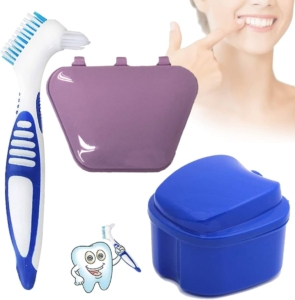 A denture bath container and brush