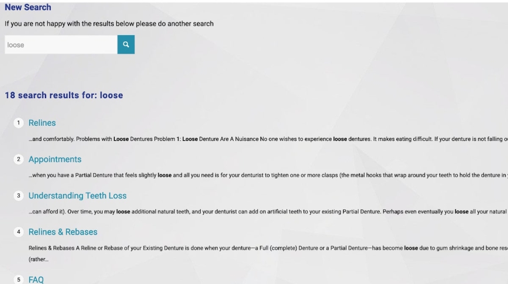 Close screenshot of the Search Results page from searching for the phrase, 