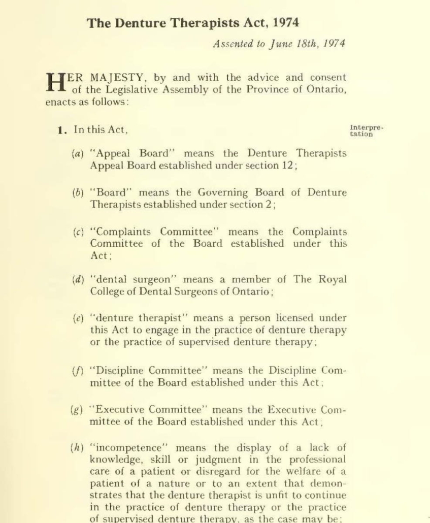 First page of The Denture Therapists Act, 1974, starting off with 
