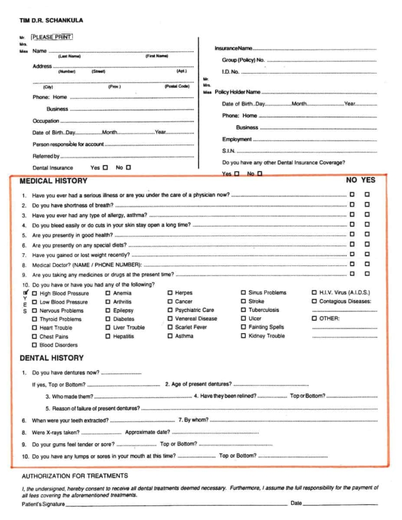 Image of a PDF document containing the Patient Registration Form for the Grantham Denture Clinic