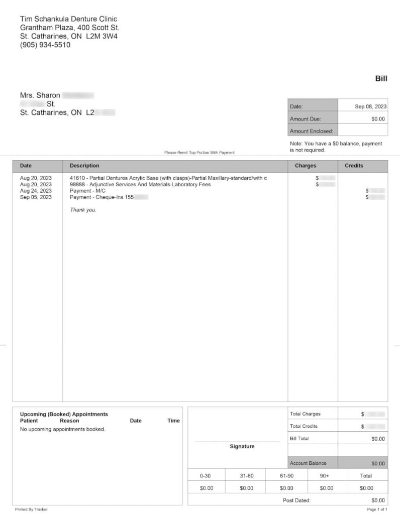 Sample receipt for Tim Schankula's Grantham Denture Clinic, showing a patient's zero balance for an Upper Partial Acrylic Denture and her payments divided between insurance and her portion