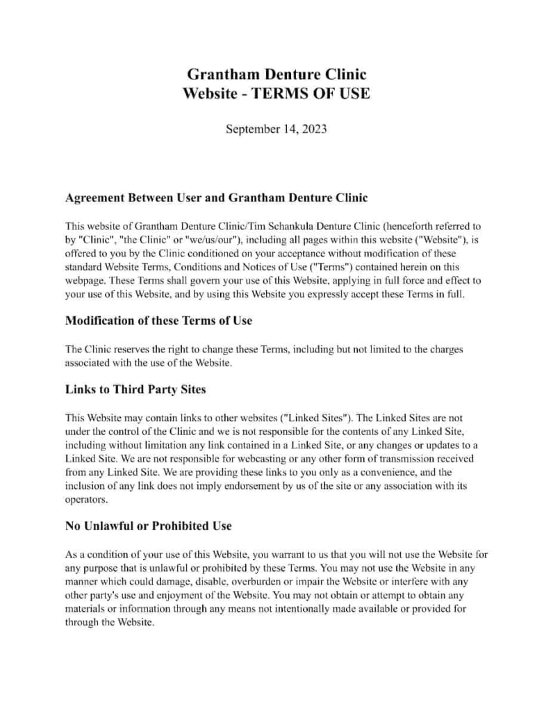 Image of the first page of a PDF document containing the website Terms of Use for the Grantham Denture Clinic