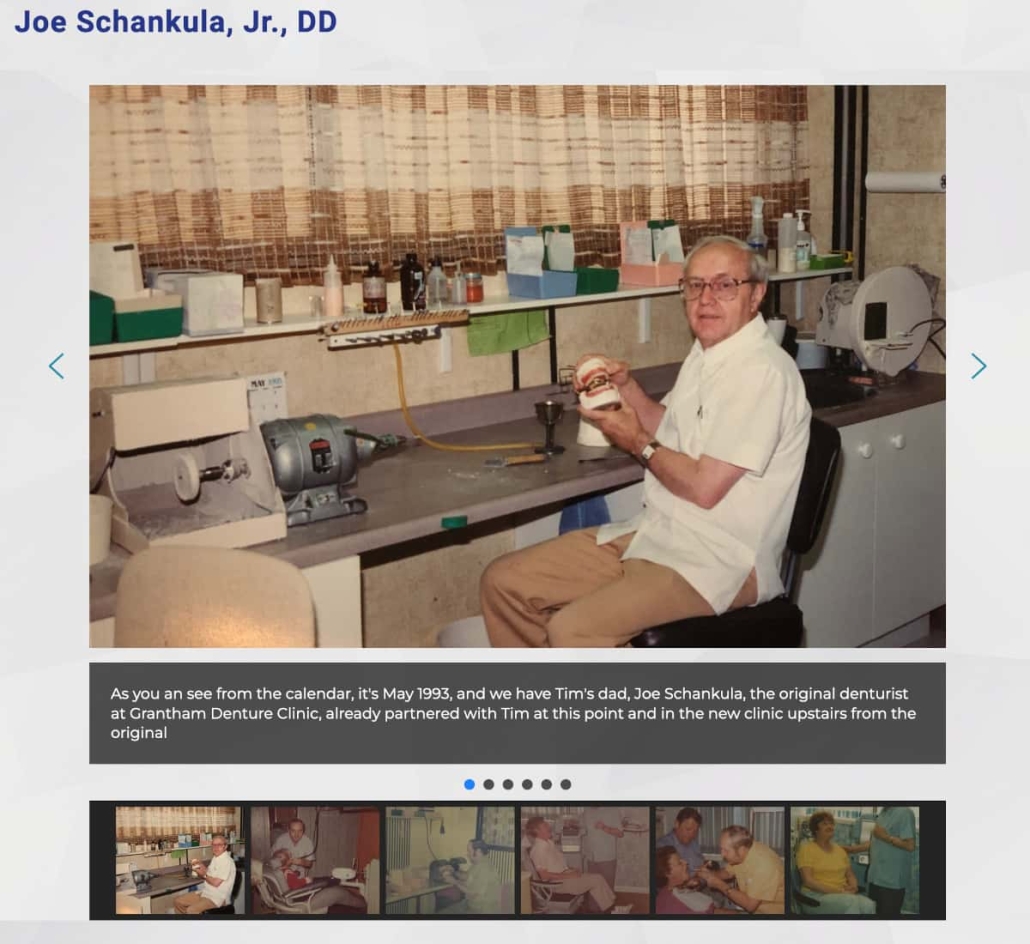 Screenshot of a slideshow of images of Joe Schankula, Tim's dad who started the clinic in 1974, showing the filmstrip of thumbnail images along the bottom and the left and right arrows to scroll through the images