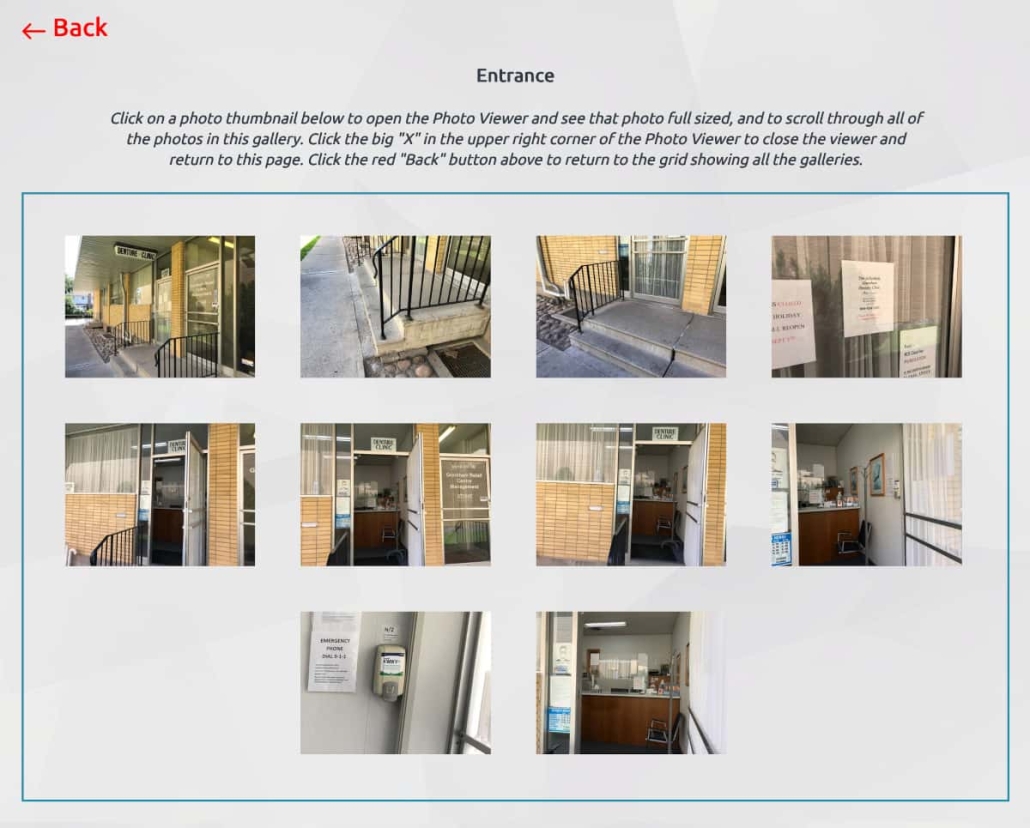 Screenshot of the thumbnails of images inside the Entrance gallery showing different shots of our entrance